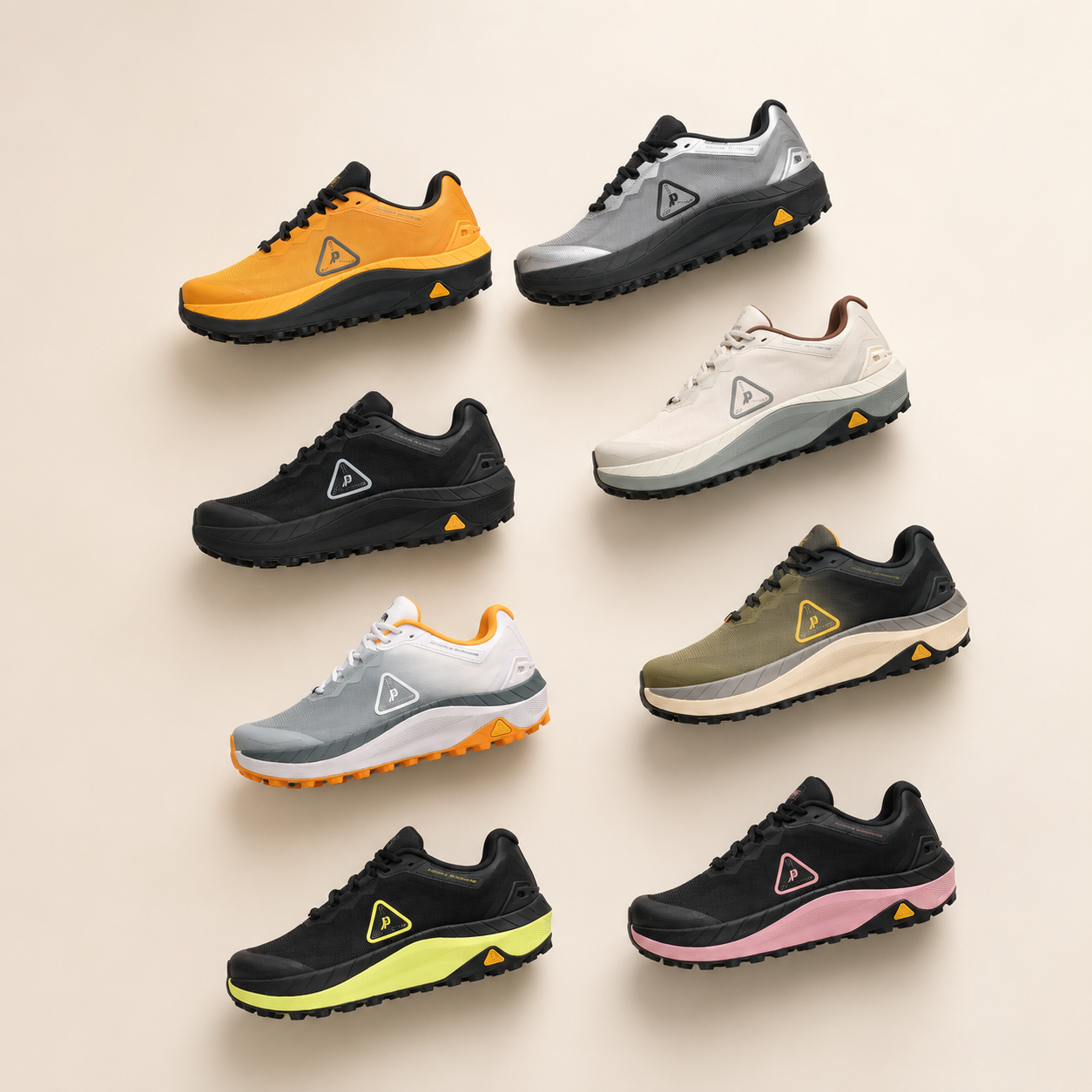 Eight coloured low-cut shoes arranged on a neutral background