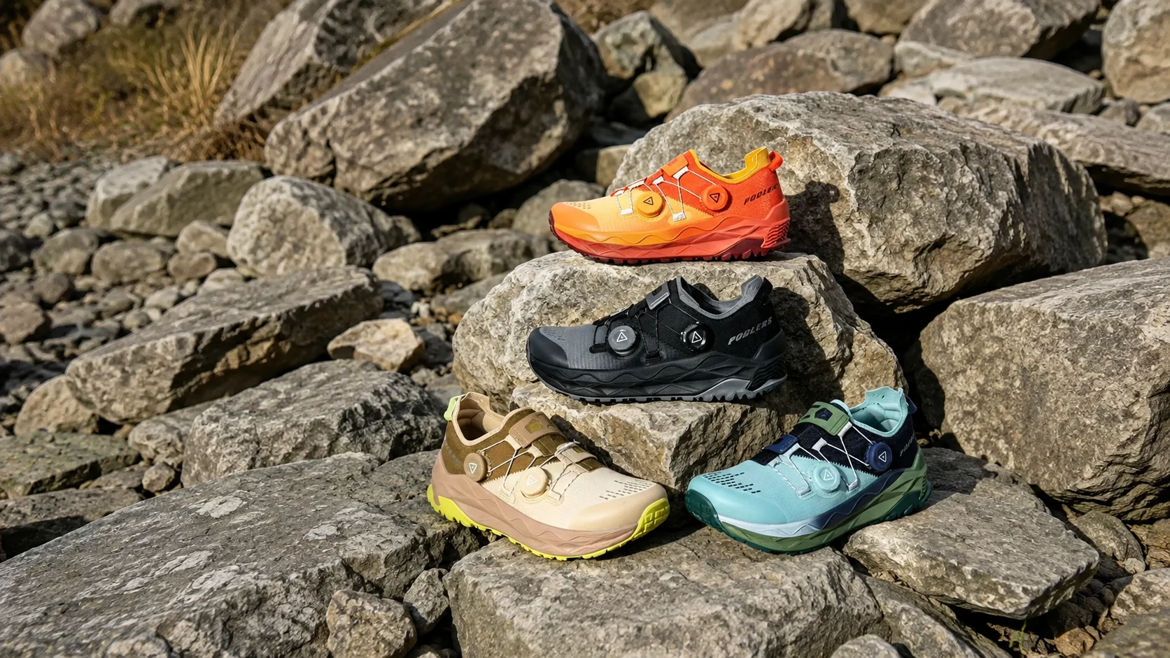 Four dial-closure PODLERS trail shoes displayed on rocky ground