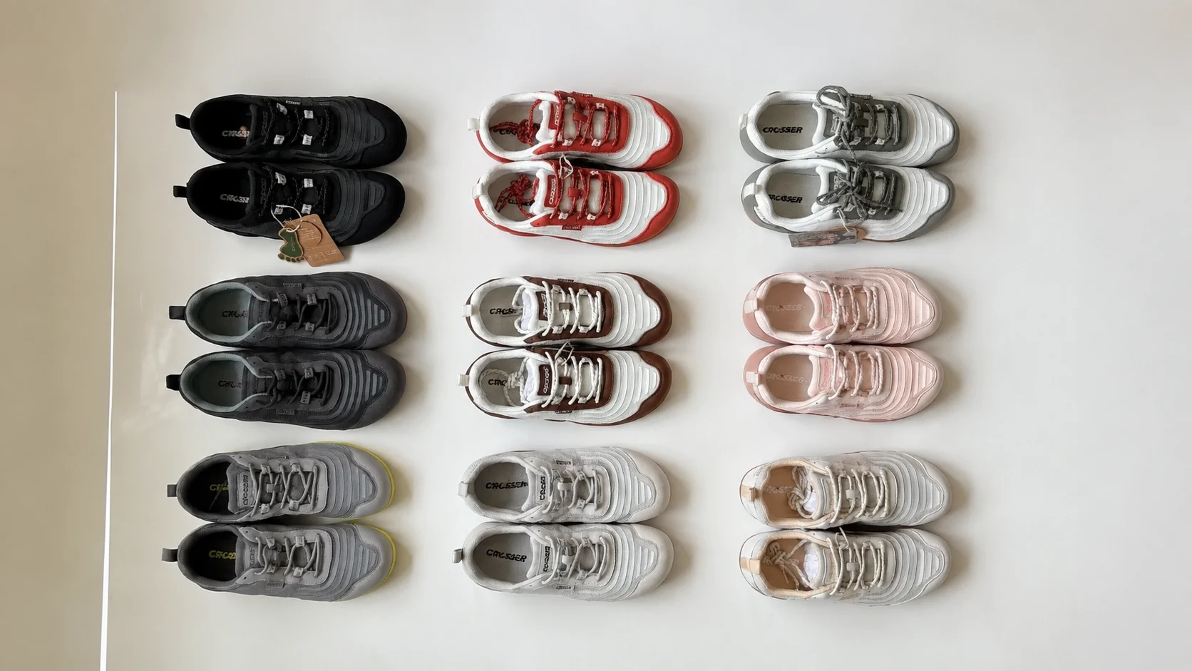 Multiple CROSSER walking shoe colourways arranged on a light background