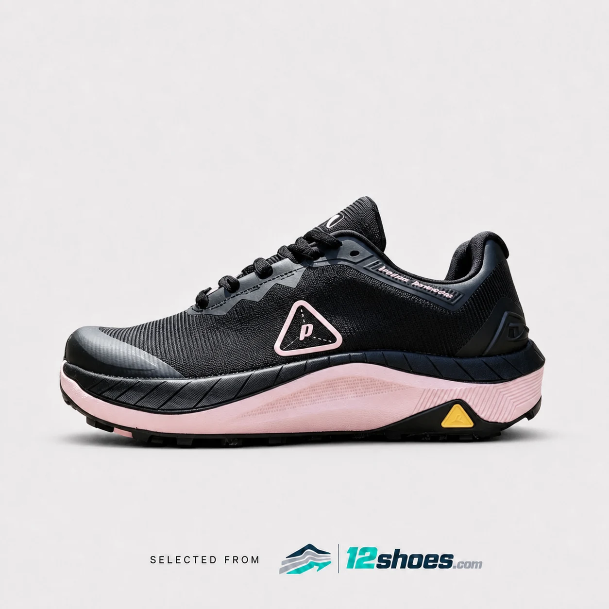 Black and Pink PODLERS POD31413 outdoor trail running shoes, side view