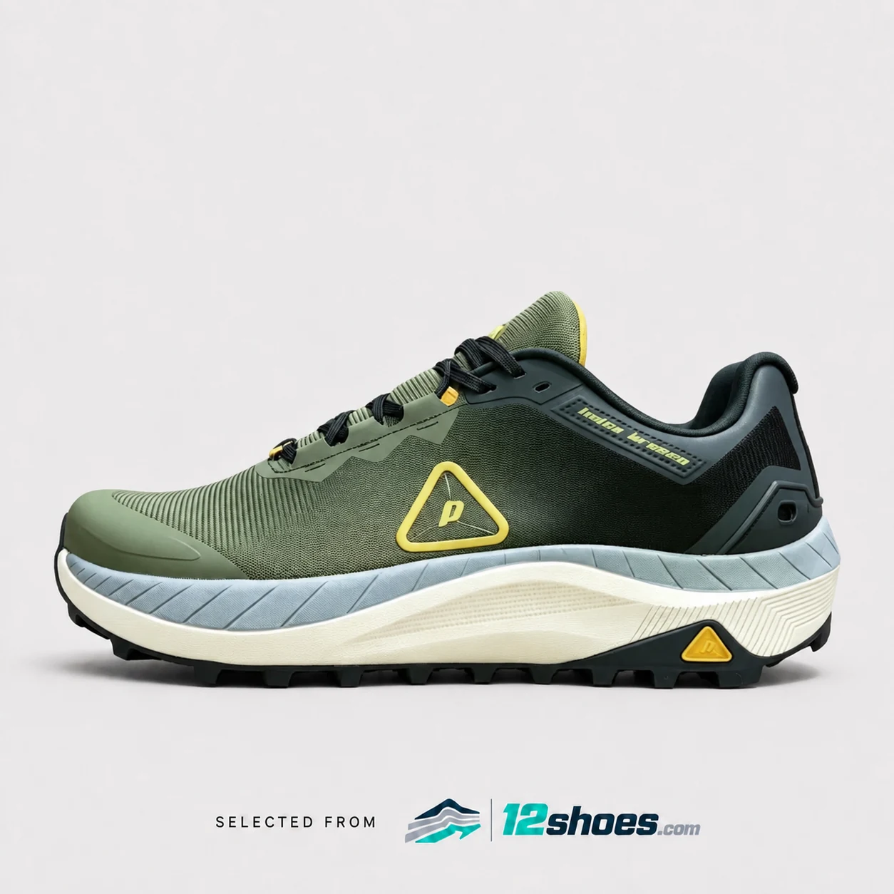 Green PODLERS POD31413 outdoor trail running shoes, side view