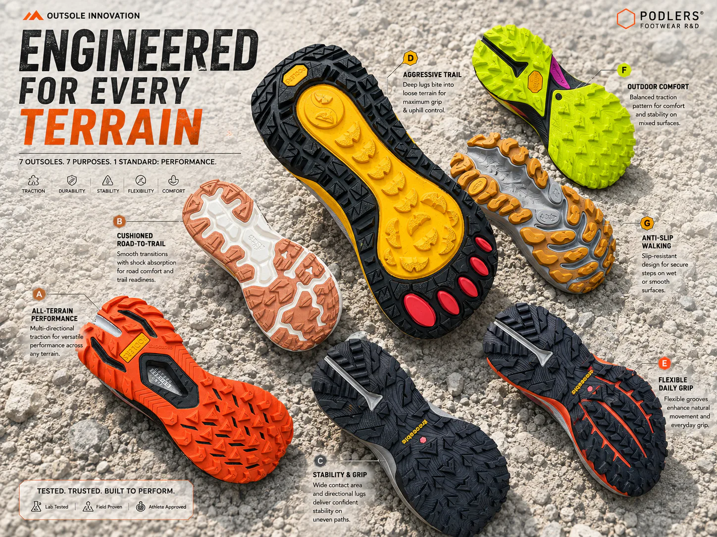 Seven PODLERS outsole designs engineered for different terrain, grip and comfort needs